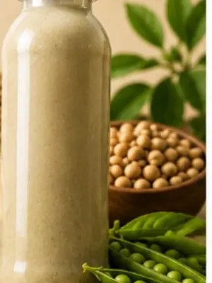 Plant-based protein shake bottle with peas, soybeans, and grains