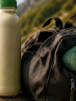 Ready to drink protein shake bottle with backpack on a mountain trail