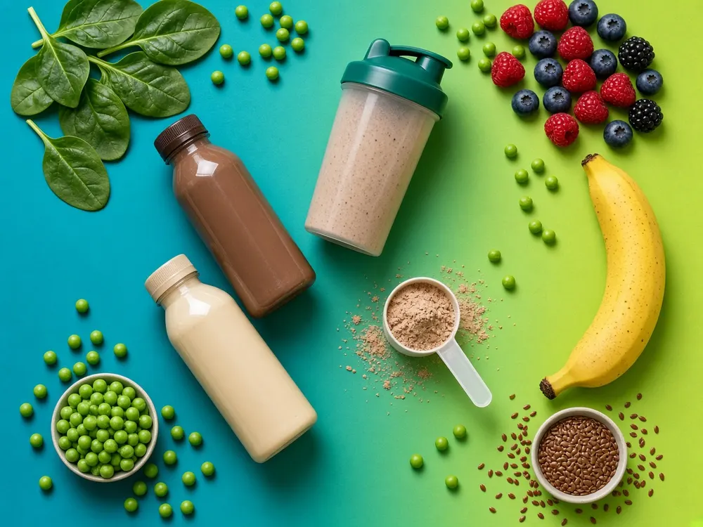 Everyday plant protein shake flavors and vegan nutrition flatlay