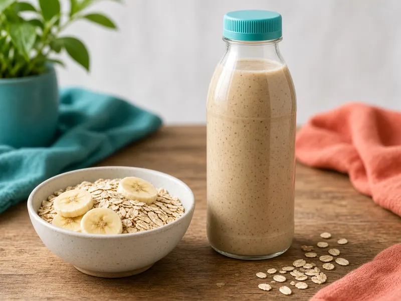 Meal replacement style plant protein shake with oats and fruit for a light meal