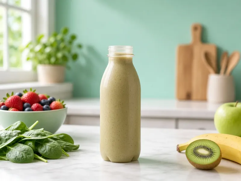 Everyday complete nutrition plant protein shake bottle on a kitchen counter