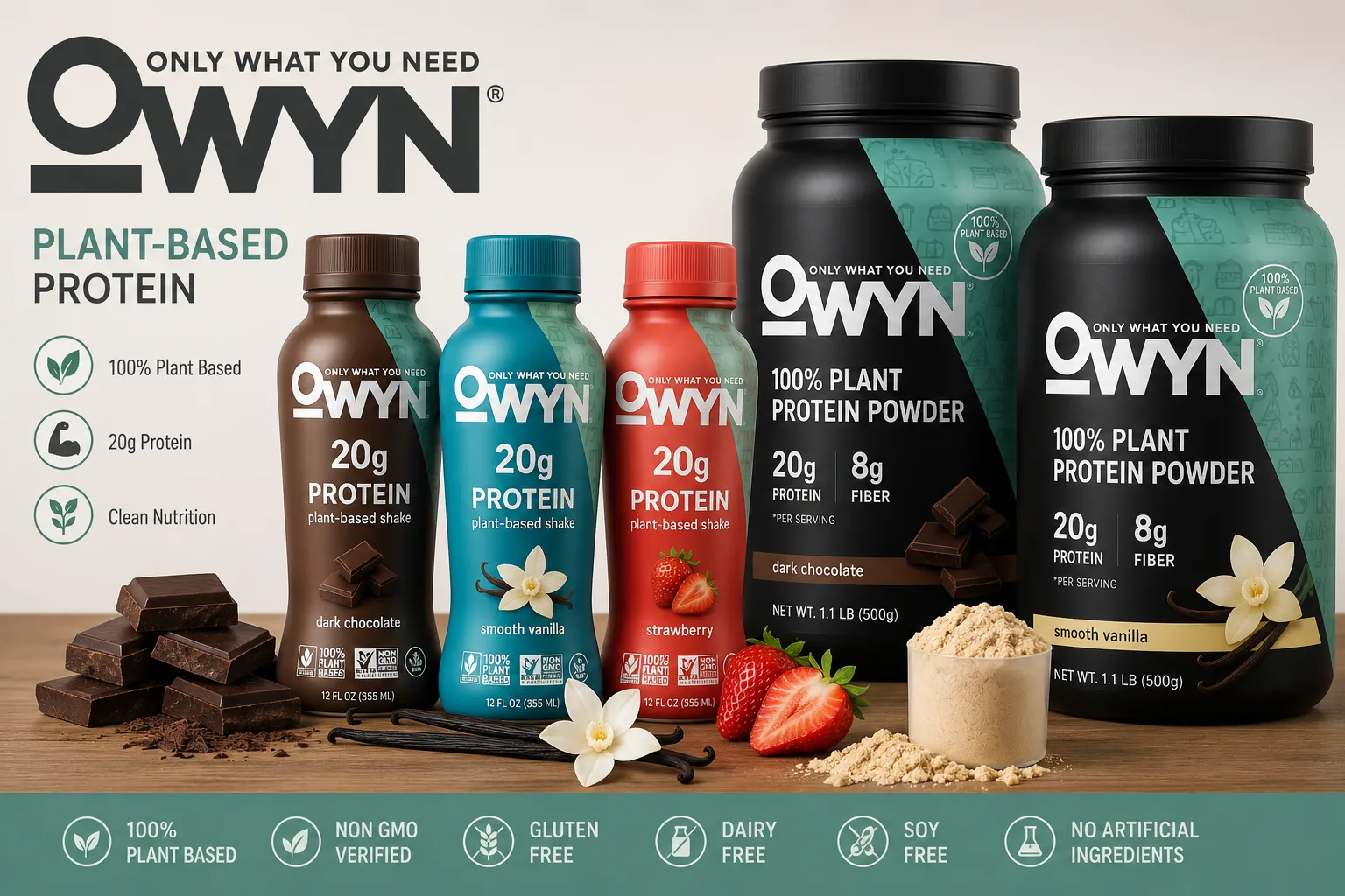 OWYN chocolate protein shake, OWYN vanilla protein shake, and protein shakes strawberry banana with plant protein powder
