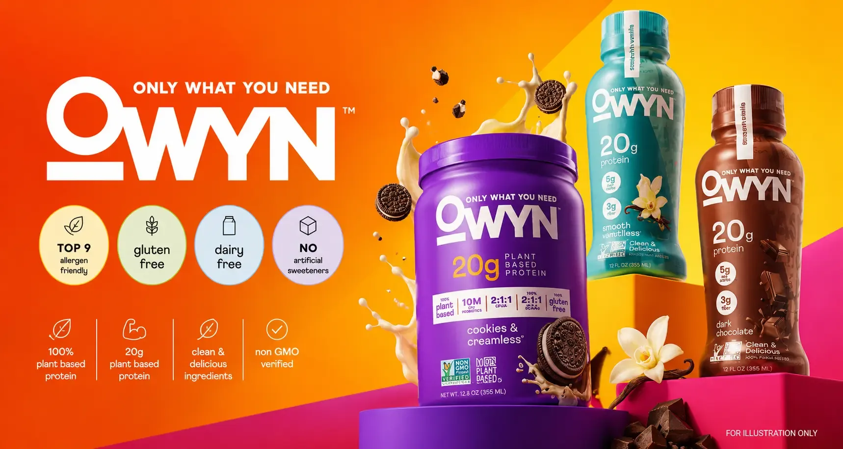 All in one protein powder and sugar free protein drink display with OWYN plant protein powder and protein shake