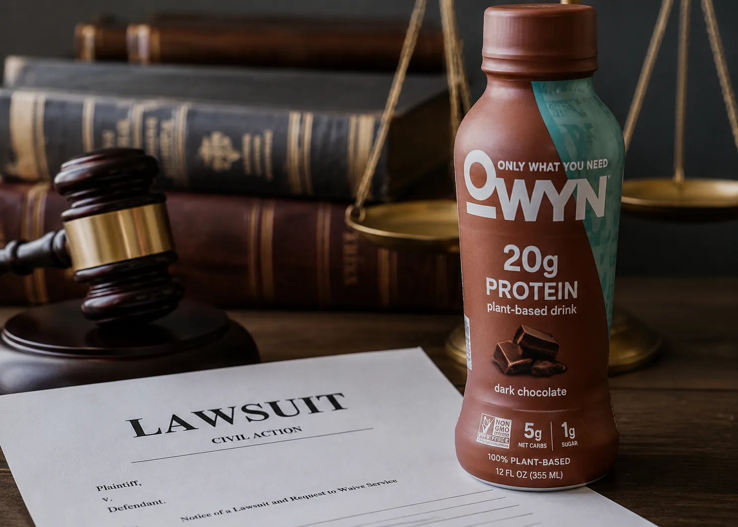 OWYN protein shake recall and lawsuit research concept with OWYN protein drink bottle