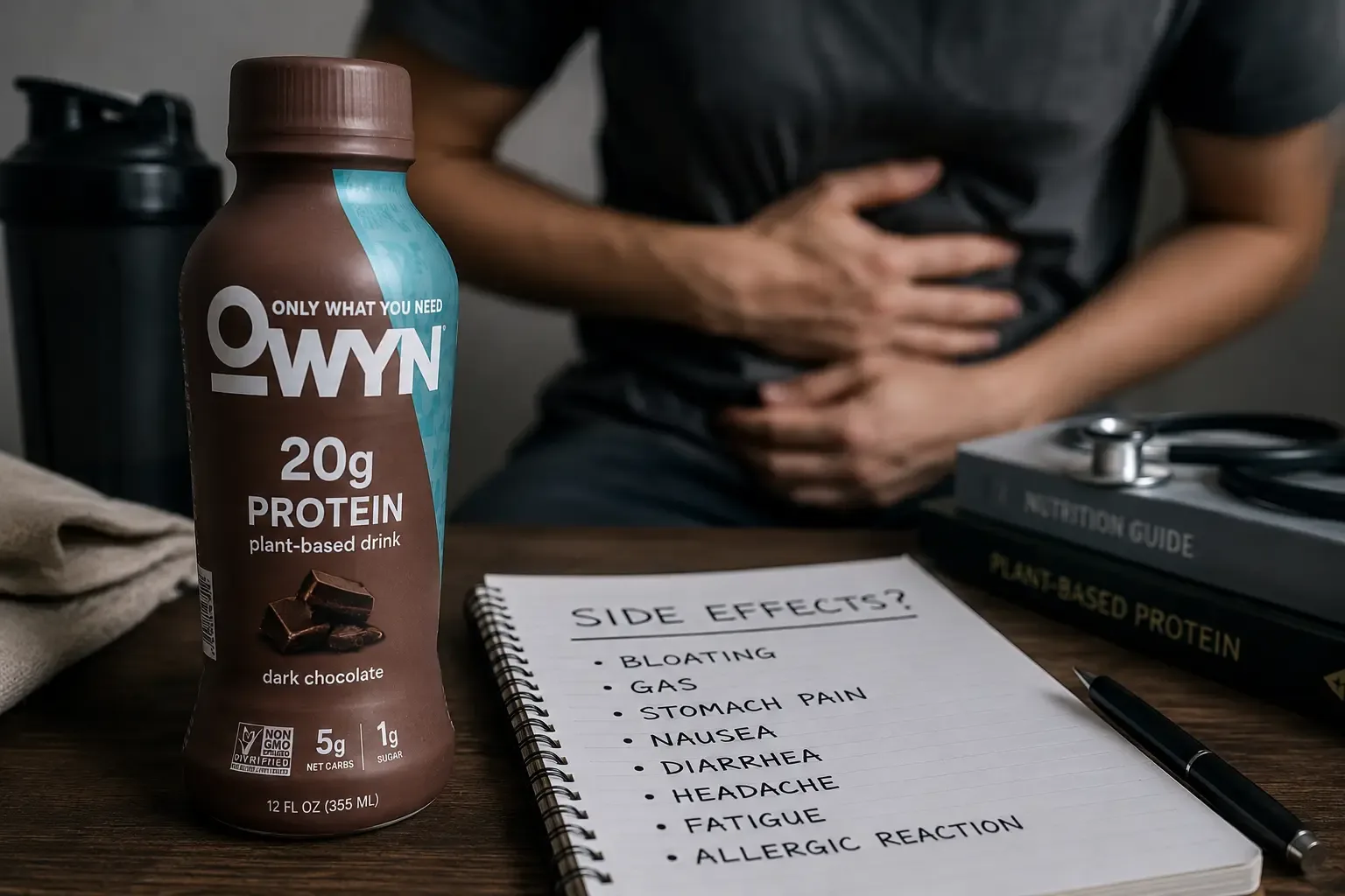 OWYN protein side effects checklist beside an OWYN dark chocolate protein shake bottle