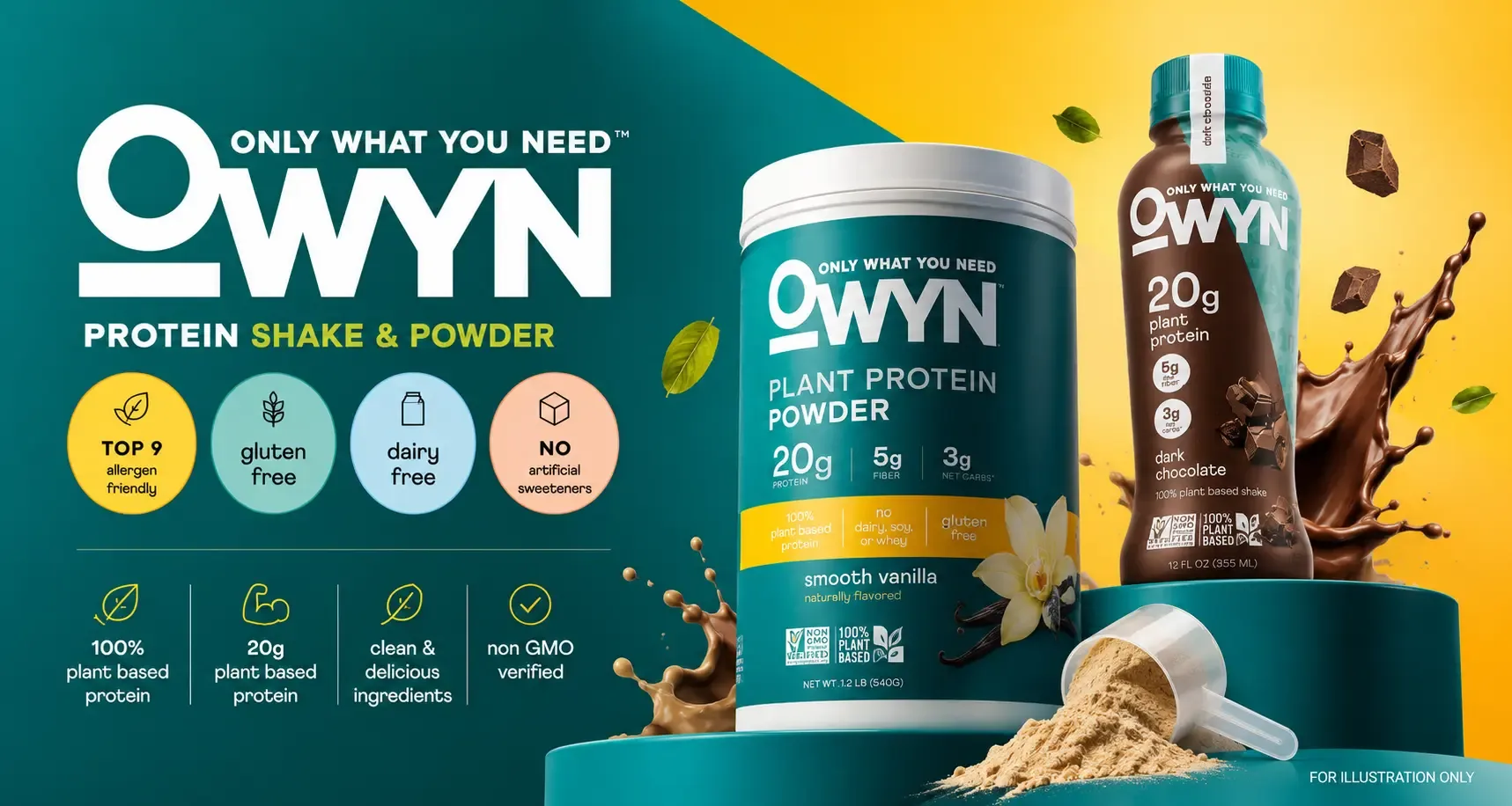 OWYN Pro Elite style vegan protein shake and OWYN protein powder with dark chocolate plant based protein drink